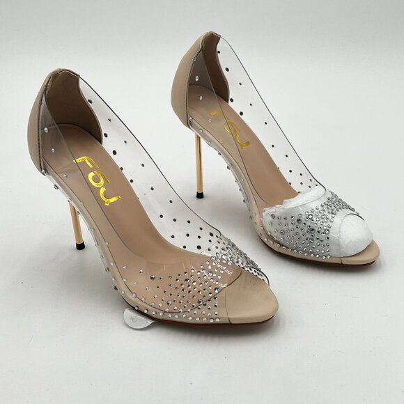FSJ Gold Studded Pointed Toe Transparent Pumps High Heels Shoes - Picture 4 of 6